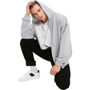 Trendyol Bruin Grote Maten Oversize Basic Fleece Katoenen Sweatshirt Met Capuchon En Ritssluiting Tmnaw24Ao00003
