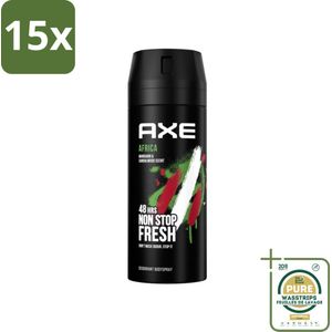 15 x Axe - Deodorant Bodyspray - 48hrs Non Stop Fresh - Africa - Mandarin & Sandalwood - 150 ml - Grootverpakking - Axe Africa Deodorant Bodyspray - 48 Uur Geur - Mandarijn En Sandelhout - Geurbeheersing - Geurbestrijdend Zink