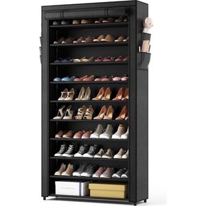 Schoenenrek, 10 niveaus, schoenenkast hoog, voor 50 paar schoenen, schoenenopslag met stofdichte overtrek, schoenenorganizer, metalen frame, zwart, voor hal, woonkamer