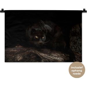 Wandkleed Dieren - Zwarte panter in een donker bos Wandkleed katoen 60x40 cm - Wandtapijt met foto