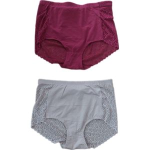 Dames - Ondergoed - Corrigerend bij de Buik/Heupen/Billen - High Waist - Invisible - Vermindering Cellulitis - 95% Katoen - Slips met Kant - Set van 2 - Kleur Zalm/Rood - Maat 48-50 - Kerst - Cadeau