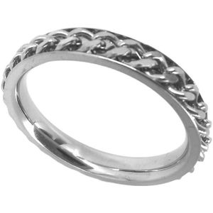 Stoer - smalle - rvs - ringen met los schakel ketting in midden die je mee kan draaien ( ook wel stress ring genoemd) maat 19. deze ring is zowel geschikt voor dame of heer of jongens en als duim ring.