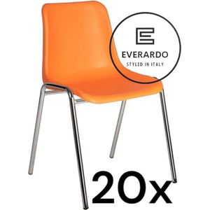 King of Chairs -set van 20- model KoC Everardo oranje met verchroomd onderstel. Kantinestoel stapelstoel kuipstoel vergaderstoel tuinstoel kantine stoel stapel kantinestoelen stapelstoelen kuipstoelen stapelbare keukenstoel Helene eetkamerstoel