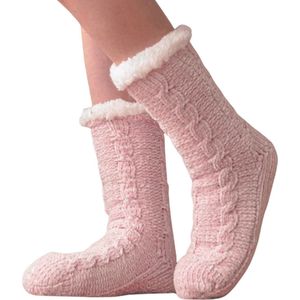 Huissokken Dames Roze - kabelpatroon - anti slip sokken - gevoerd - fleece sokken - dikke sokken - fluffy sokken - slofsokken - warme sokken - gevoerde Sokken - winter sokken - roze - maat 36-40
