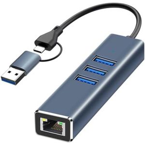 USB C naar Ethernet Adapter 3-in-1 – USB 3.0 HUB met RJ45 Netwerkaansluiting 1000 Mbps, 3x USB-A Poorten, Plug & Play, Geschikt voor Laptop, PC, MacBook, Windows, Linux en Android