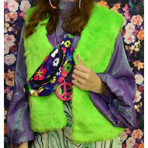 Partyxplosion - bodywarmer/gilet imitatiebont - neongroen - maat 40-42 - hippie dames - Flower power dames - carnavalskleding - verkleedkleding.