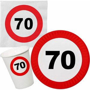 Verjaardag feestartikelen tafel dekken set 70 jaar verkeersbord/stopbord thema - 24x bordjes - 24x bekertjes - 32x servetten