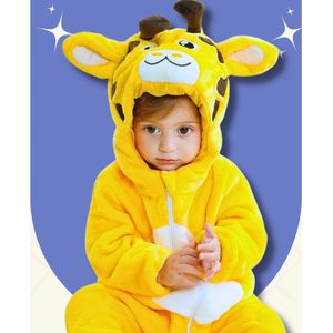 BoefieBoef Giraffe Dieren Onesie & Pyjama voor Baby en Dreumes en Peuter tm 18 maanden - Kinder Verkleedkleding - Dieren Kostuum Pak - Geel