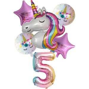 Unicorn Ballonnen Set - 5 Jaar - 6 Stuks - Kinder Verjaardag - Thema Feest Unicorn - Eenhorn Kinderfeestje - Feestversiering / Verjaardag Ballonnen - Eenhoorn / Paarden - Meisjes Versiering - Roze Ballonnen Verjaardag - Witte ballonnen - Helium