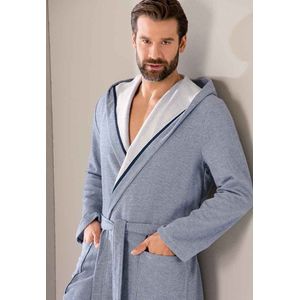 Cawö heren badjas met capuchon - denim blauw - capuchon badjas voor mannen - sportieve badjas voor heren - maat 46/48