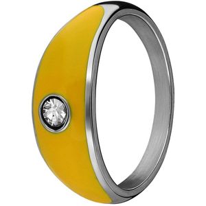 Lucardi Dames Stalen ring met gele emaille en zirkonia - Ring - Staal - Zilver - 18 / 57 mm