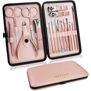 manicureset 18 in 1 professionele pedicureset nagelschaartje verzorgingsset met lederen toilettas in roze