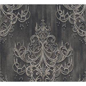 KROONLUCHTER MET KRALEN BEHANG | Barok Ornamenten - grijs zwart goud - Livingwalls Mata Hari