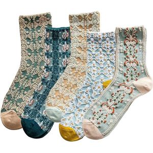 5 paar katoenen sokken voor dames - retro bloemenmotief - warme sokken - loungesokken - herfst- en wintersokken - sokken met 3D-reliëfontwerp