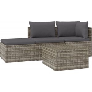 VidaXL 4-Delige Loungeset met Kussens - Poly Rattan Grijs