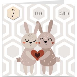 2 JAAR SAMEN | kaart / wenskaart met envelop | KONIJNTJES | voor relatie / partners / koppel