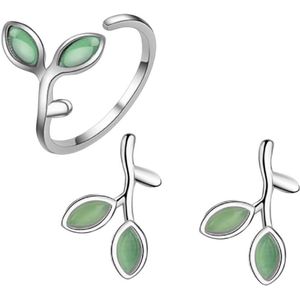 2-Delige Set- Zilver- Green Leaf- Oorbellen- Verstelbare ring- Jade groen- Charme Bijoux