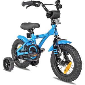 kinderfiets 12 inch fiets jongens meisjes van 3 jaar met zijwieltjes terugtraprem in blauw BMX