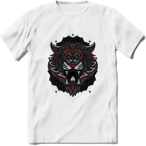 Tijger - Dieren Mandala T-Shirt | Rood | Grappig Verjaardag Zentangle Dierenkop Cadeau Shirt | Dames - Heren - Unisex | Wildlife Tshirt Kleding Kado | - Wit - XXL