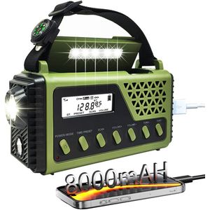 Noodradio met slinger 80000 mAh - Draagbare AM/FM/SW/BT-radio met zonnekracht en slinger - Weeralarm met zaklamp, SOS-alarm en leeslamp