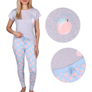 Damespyjama grijs en blauw perzik, lange broek