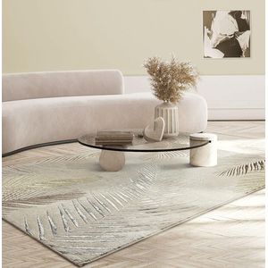 the carpet Vloerkleed Mila modern tapijt woonkamer, elegant glanzend kortpolig woonkamer tapijt in crème met goud zilver veren patroon, tapijt 120 x 170 cm