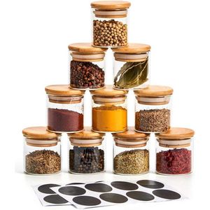 luchtdichte doorzichtige glazen kruidenpotjes - set van 10 - 70ml - opbergpotjes met bamboe deksels - krijtbord etiketten .