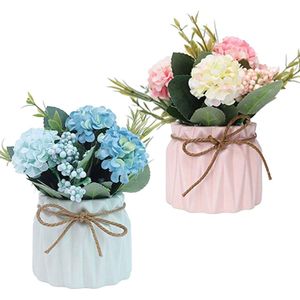 SNQ 2 stuks kunstbloemen in pot, kunstbloemen, planten ter decoratie, hortensia, zijden bloemen, boeketten met keramische vaas, kunstplant, decoratie voor thuis, party, kantoor, bruiloft, tafeldecoratie