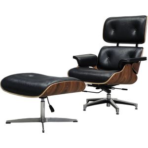 Lounge Chair XL + Hocker - Kantelmechanisme - Verstelbaar - Zwart Italiaans leder- Fauteuil - Palissander - Set -Premium