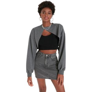 Trendyol Antraciet Asymmetrisch Super Crop Dun Gebreid Sweatshirt Met Ronde Hals Twoaw23Sw00531