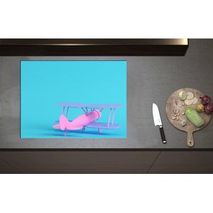 Inductieplaat Beschermer - Achteraanzicht van Roze Zweefvliegtuig tegen Felblauwe Achtergrond - 75x55 cm - 2 mm Dik - Inductie Beschermer - Bescherming Inductiekookplaat - Kookplaat Beschermer van Zwart Vinyl