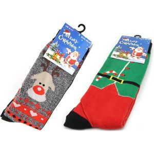 Kerstsokken unisex 2 paar kerstman en bottoms up maat 39-45