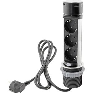 Inschuifbaar Inbouwstopcontact Met 3 Stopcontacten, USB-A, USB-A, USB-C – Roestvrij Staal, Ronde Oplader Voor Bureau En Werkblad, 230V, 150 cm Kabel, Meervoudige Stekkerdoos