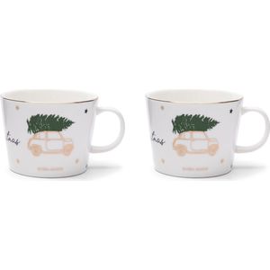 Riviera Maison Mok, Kerstmok, Koffiemok, Theemok met oor - RM Driving Home For Christmas Mug 300 ml - wit - set van 2 stuks