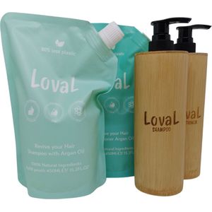 OP=OP - Loval - Geschenkset - Organische shampoo en conditioner argan olie - 2 Navulzakken 450ML - Shampoo en Conditioner zonder sulfaten, parabenen, siliconen en minerale olieën - 2 bamboo dispensers - voor droog haar
