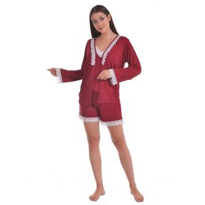 Dames Katoen Pyjama | 4-delige set | Katoen nachtkleding | Katoen nachthemd | Elegant Katoen Ochtendjas | Cadeau voor dames | Kleur: bordeaux | maat: S