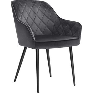 eetkamerstoel, fauteuil, gestoffeerde stoel met armleuningen, zitbreedte 49 cm, metalen poten, fluwelen bekleding, tot 110 kg draagvermogen, voor studie, woonkamer, slaapkamer, grijs LDC088G01