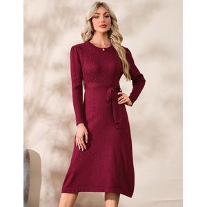 Dames Gebreide Jurk Winter Lange Mouw Trui Jurk Feestelijke Elegante Wikkeljurk Knielange Winterjurk Met Riem Claret M