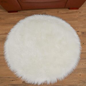 Imitatie lamsvacht, tapijt, langharig, imitatiebont, wol, voor het bed van de bank (90 cm, rond, wit)