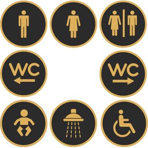 12,5 cm Rond 8 bordjes voor de toilets/wc Voordeel pack Zwart - Goud | Toilet - WC bordjes | 125 mm rond 3 mm dik | PLA Bio Plastic | Zwart Goud