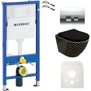 Inbouwreservoir Complete Toiletset Geberit Duofix Basic - Inbouw WC Hangtoilet Wandcloset SOFI SLIM BLACK NIGHT Zwart/Gaude - Bedieningsplaat DELTA Chroom Vierkant - Voorwandelement - Installatiesysteem