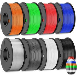 250g PETG Filament Bundle Multicolor 1.75mm 8-Pack 2kg High Toughness Strong Black-White-Grey-Transparent-Blue-Red