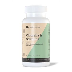 Vital Nutrition Chlorella & Spirulina - 1200 mg - Zuiver microalgencomplex - Kurkuma & Bioperine™ - 100% plantaardig - 90 capsules