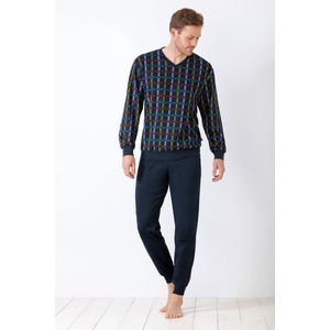 Blauwe heren pyjama met kleurrijk blokmotief - Blauw - Maat - 48
