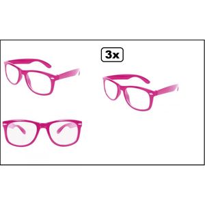 3x Blues brother bril pink/roze met blank glas - Thema party White festival fun verjardag optocht