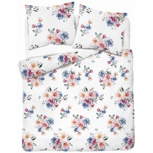 Flanellen Dekbedovertrek 220x200cm Wit met Turquoise-Paarse Bloemboeketten