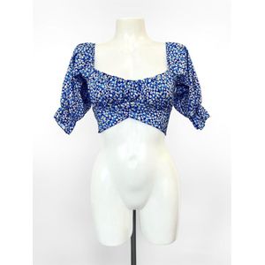 Bloemenprint crop top - Blauw - Korte top met bloemen print - Floral top - Pof mouwen - Tie up - Verstelbaar - One-size - Een maat