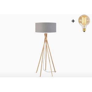 Vloerlamp – KILIMANJARO – Bamboe Voetstuk (h. 159 cm) - Lichtgrijs Linnen Kap - Met LED-lamp