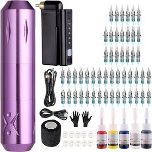 DailySupplies® Tattoo Machine met Accessoires - Tattoo kit Draadloos - Complete Set - Paars