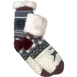 Merino schapen Wollen sokken - Rood Zwart met Sneeuwvlok/Rendier - maat 39/42 - Huissokken - Antislip sokken - Warme sokken – Winter sokken